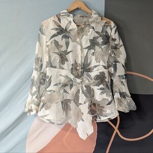 Vintage Robert Kitchen Canada Sheer Floral Button Down Faux Tie Front Blouse